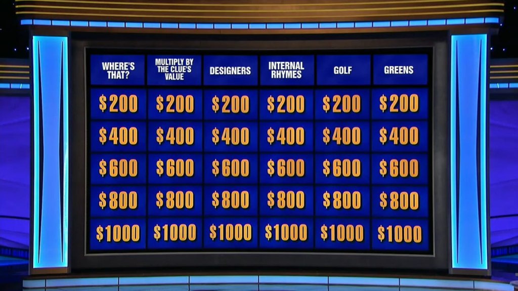Shot of the full Jeopardy gameboard