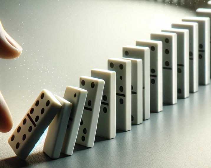 A picture of a finger knocking over a domino, triggering a cascade of dominoes falling.
