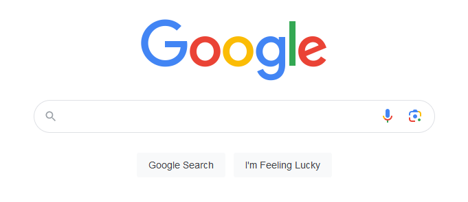 Screenshot of the Google home page, to illustrate Search 2.0. It has a simple logo, single search field, and buttons that say "Google Search" and "I'm Feeling Lucky"