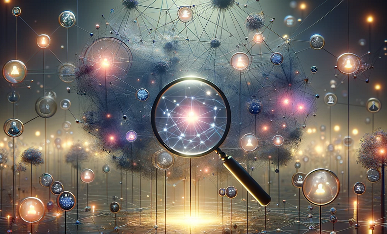 ChatGPT-created picture for the concept of holistic search. It is a surreal image of a magnifying glass suspended in the air looking at some kind of network of lights. There's a cloud in the background and various orbs surrounding the cloud with vague pictures inside.
