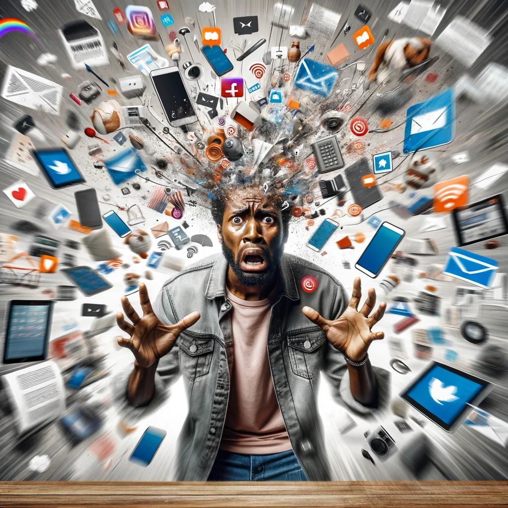 Image of a man overwhelmed by symbols representing a maelstrom of messages