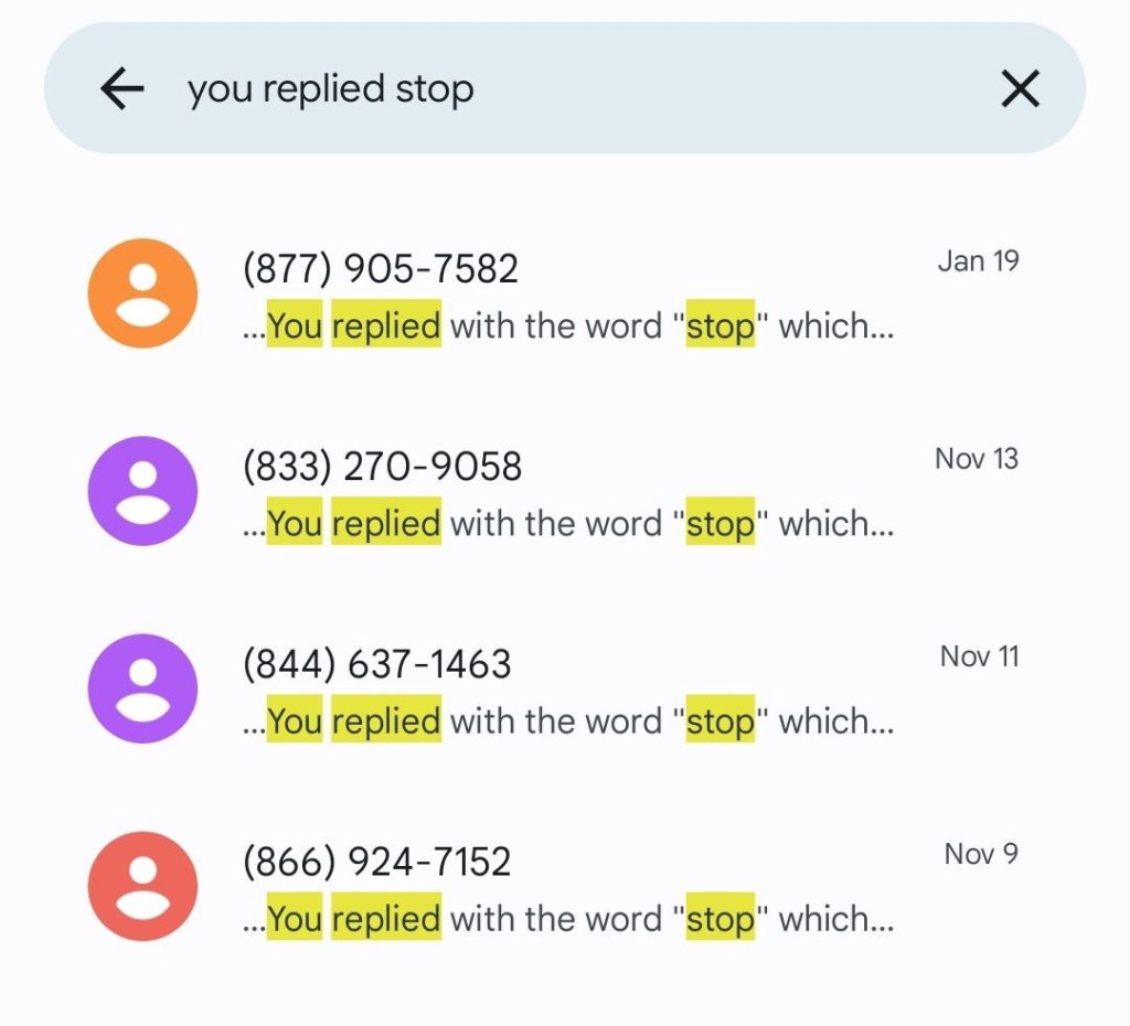 The search results for "you replied step" in my text messaging app.